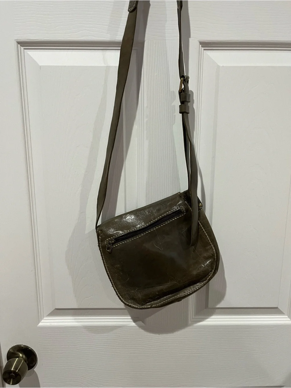 Handcrafted Brown Leather Crossbody Bag, approx 9.5”w x 8”h x 2”d